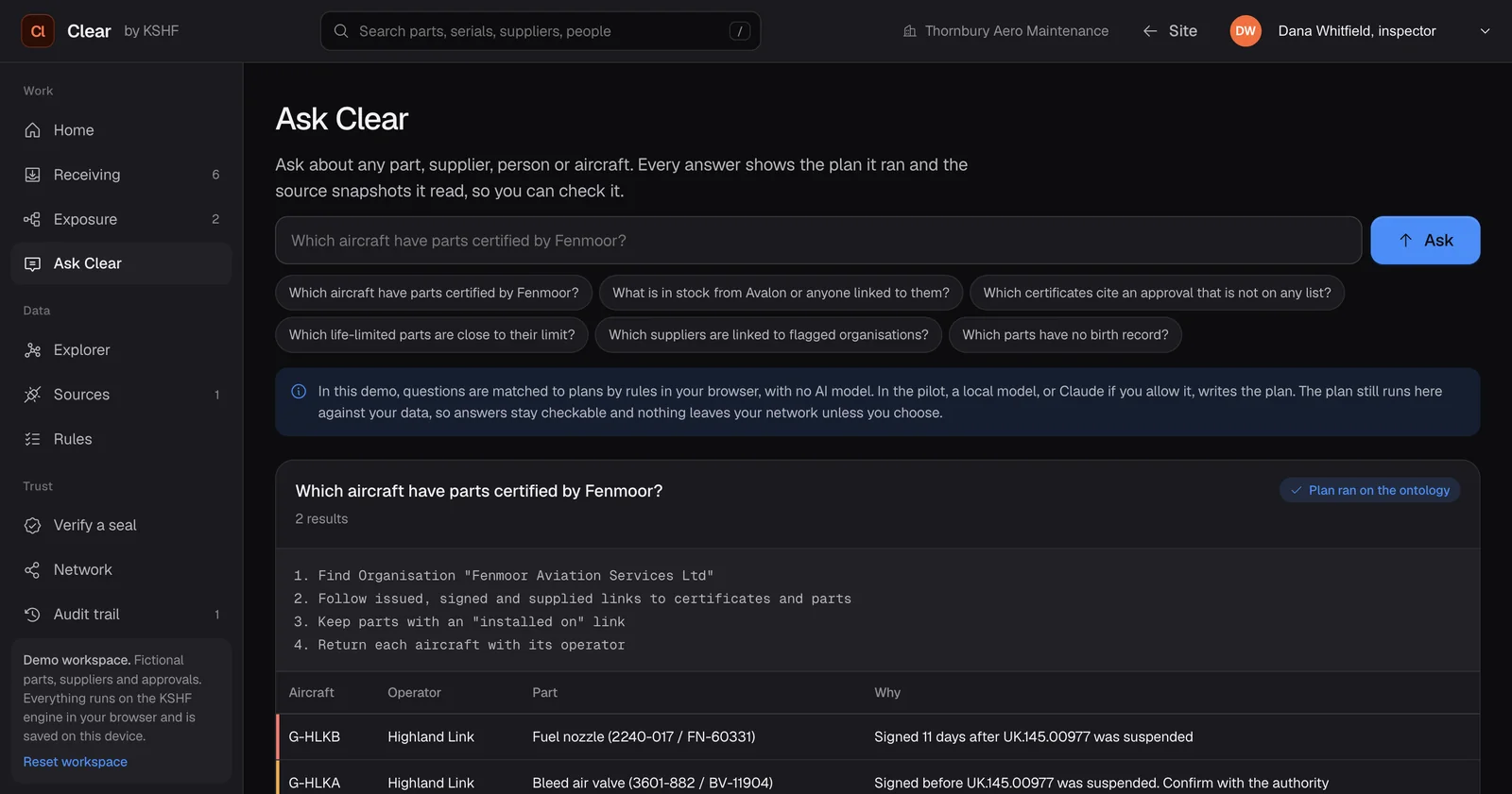 Ask Clear answering which aircraft carry parts from a suspended supplier, with its plan shown