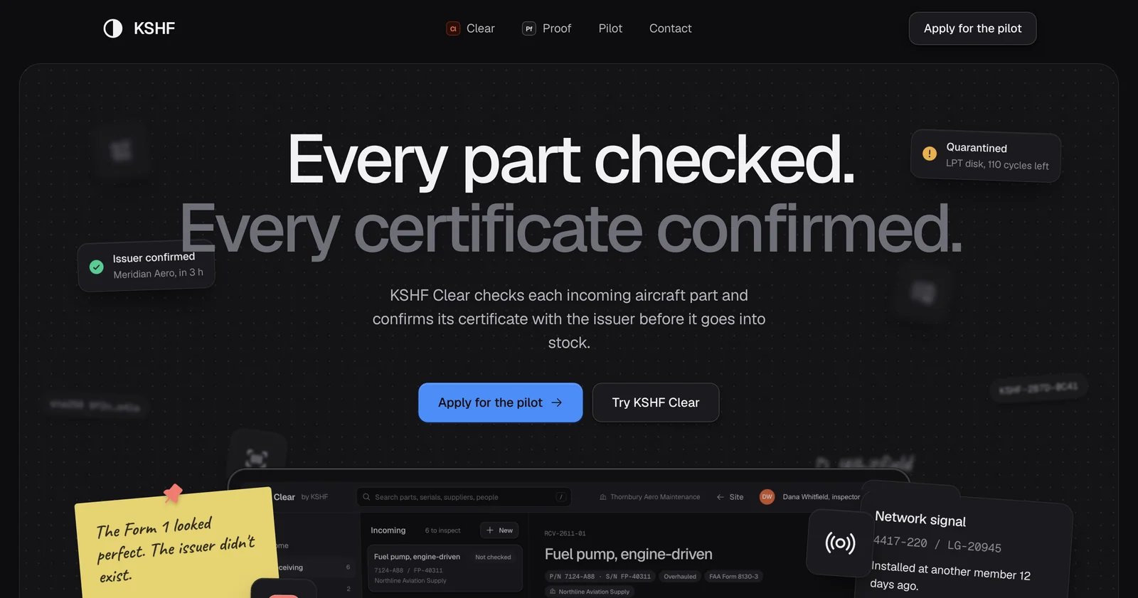 KSHF website headline: every part checked, every certificate confirmed